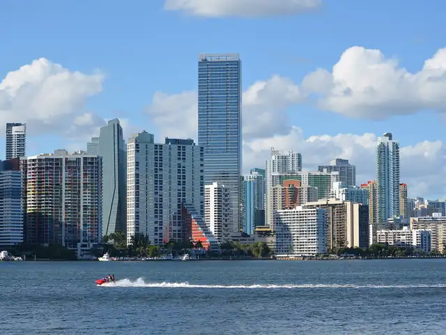 Brickell skyline in Miami seen from the Rickenbacker Causeway