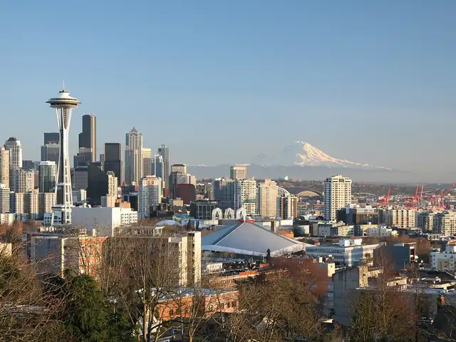 Seattle skyline with the Space Needle and Mount Rainier, seen from Queen Anne Hill